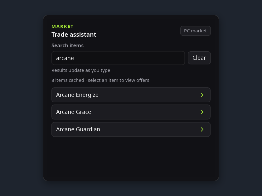 Widget preview: Warframe Market